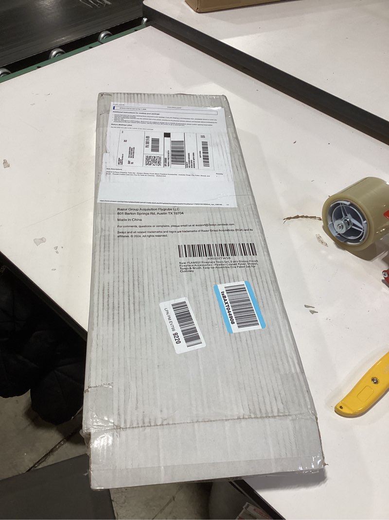 Condition photo showing New/Like New for 2WAYZ 5-Piece Fireplace Tools Set - Modern Glossy Finish Black Fireplace Accessories - Includes Tongs, Fire Poker, Shovel, and Brush - Powder-Coated Cast Iron Fire Pit Tools for Chimney - 25x9x2-Inch