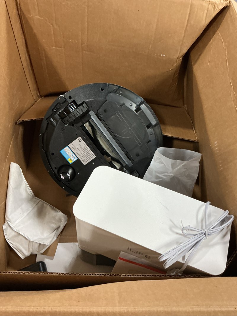 Condition photo showing As Is for ilife a30 pro robot vacuum and mop, self emptying station for 60 days, 5000pa suction, lidar navigation, no-go zones, 2.4g wifi/app/alexa/remote control, clean hard floors to medium-pile carpet, 110v