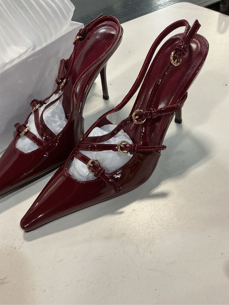 Condition photo showing Good Condition for yiya cherry red slingback kitten heel for women with buckle strap closed pointed toe burgundy stiletto high heels backless slip on pumps sandals 8.5 wine red ( size 39