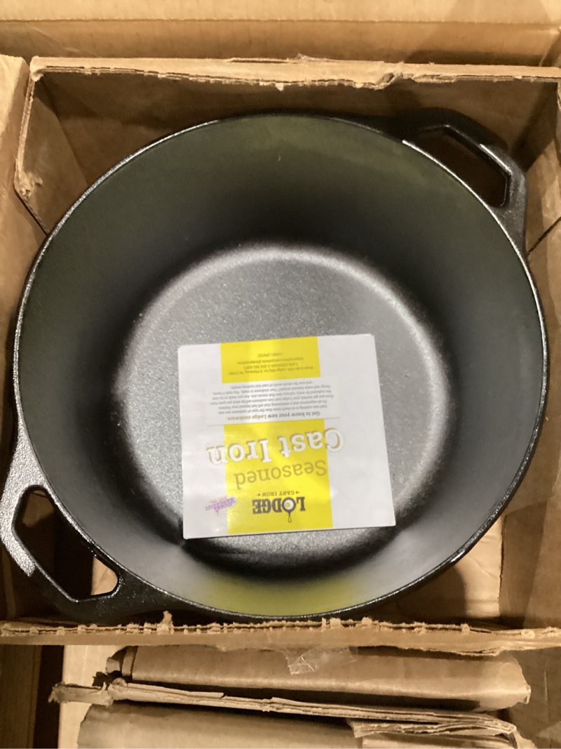 Condition photo showing As Is for lodge cast iron double dutch oven 5 quart - pre-seasoned 2-in-1 cast iron cookware - pot & skillet combo - even heat retention - oven-safe, versatile pot 5 quart double dutch