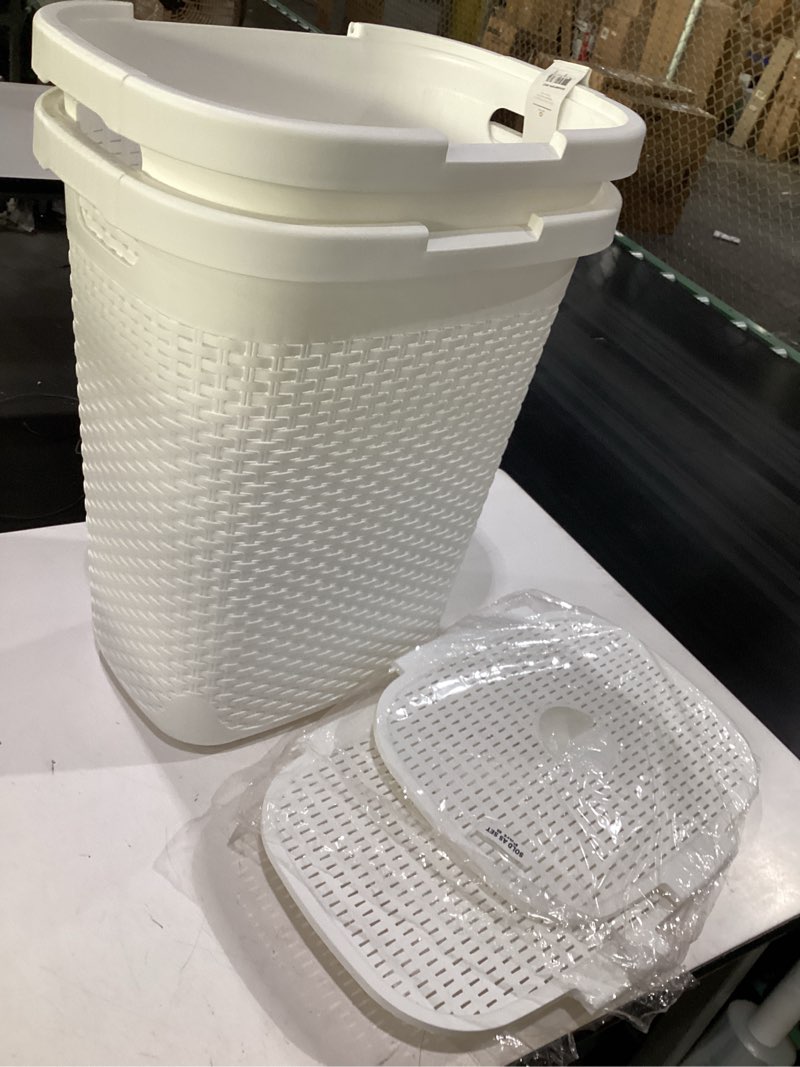 Condition photo showing New/Like New for mind reader 50l slim laundry hamper, clothes basket, lid, wicker design, plastic, 17.65"l x 13.75"w x 21"h, set of 2, white white 2-pack