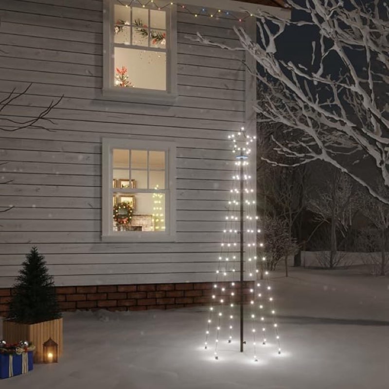 Christmas Tree with LED Lights, Cold White, Powder-Coated Steel for Indoor/Outdoor Holiday Decoration, Party, Celebration, Living - Artificial Xmas Decor