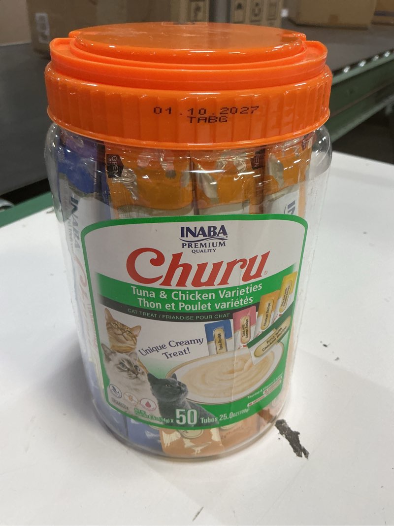 Condition photo showing New/Like New for (BBD 01/10/27). INABA Churu Cat Treats, Grain-Free, Lickable, Squeezable Creamy Purée Cat Treat/Topper with Vitamin E & Taurine, 0.5 Ounces Each Tube, 50 Tubes, Tuna & Chicken Variety Tuna and Chicken Variety 0.5 Ounce (Pack of 50)