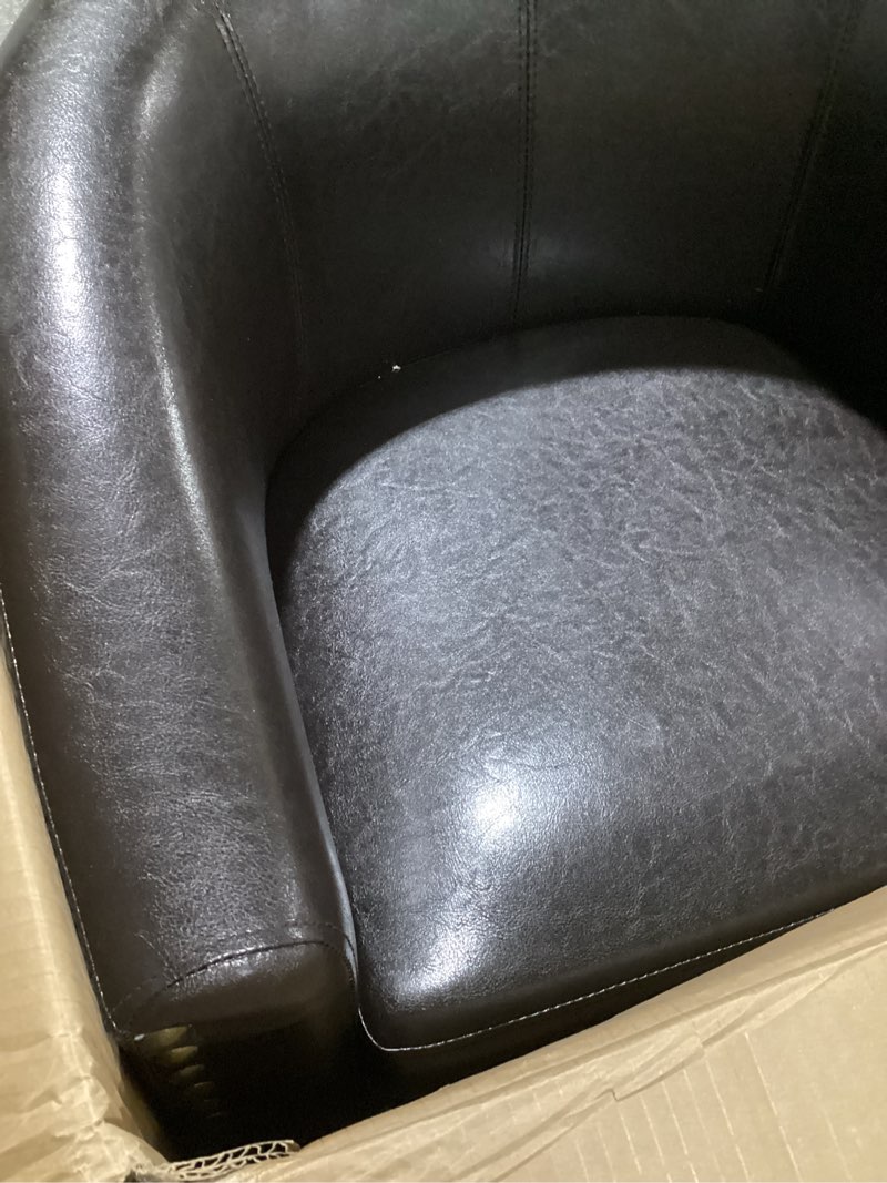 Condition photo showing Good Condition for possibly used belleze accent barrel chair, modern faux leather tub club chair upholstered armchair with gold nail head trim and black legs for living room bedroom apartment lounge - dark brown dark brown/faux leather 1