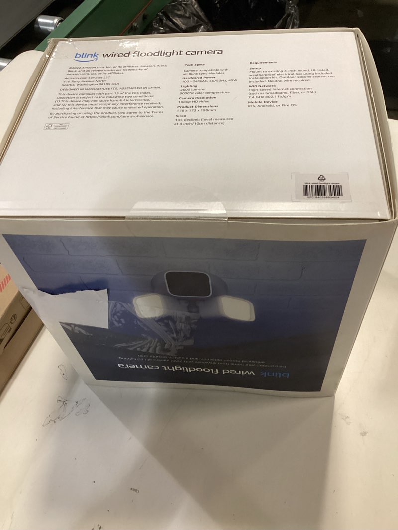 Condition photo showing New/Like New for Blink Wired Floodlight Camera, Smart security camera, 2600 lumens, HD live view, enhanced motion detection, built-in siren, Works with Alexa, 1 camera (White) Floodlight Only White