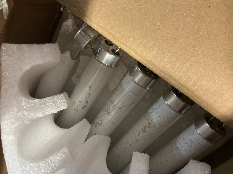 Condition photo showing As Is for f32t8/841 32w 48 inch t8 fluorescent tube light bulb, t8 fluorescent bulbs 4 foot, 4ft light bulb, 4100k cool white, 2850 lumens, g13 medium bi-pin base,10 pack
