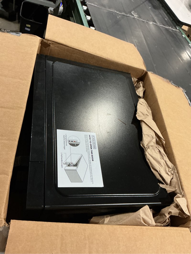 Condition photo showing As Is for black+decker 5-in-1 microwave oven with air fry, combi, bake, roast, and convection cooking, 0.9 cu. ft. countertop microwave, stainless steel, 900 watts, child-lock, es9p032na