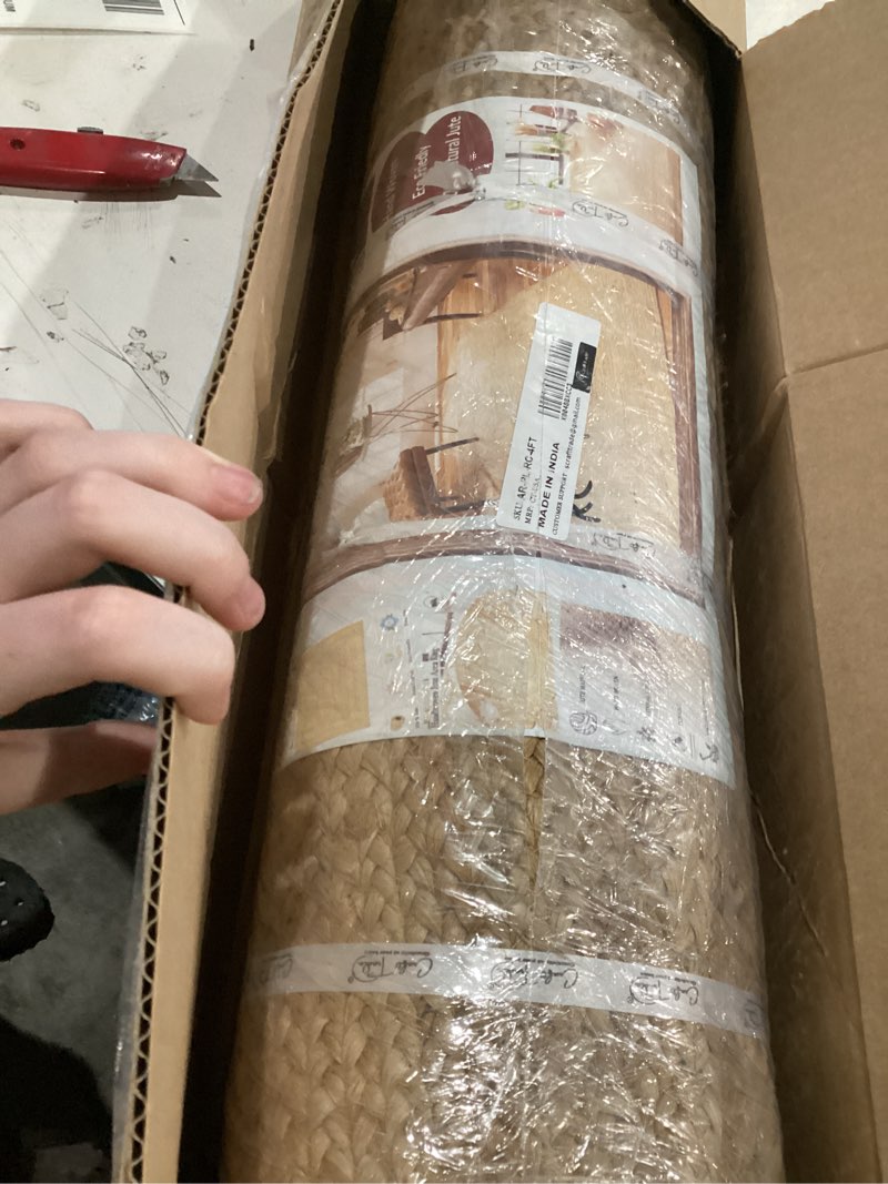 Condition photo showing As Is for craft trade rectangle jute area rug, 4x6 feet, natural braided handwoven floor carpet, reversible jute rug for living room, bedroom and dining area natural rectangle 4' x 6' (rectangular)