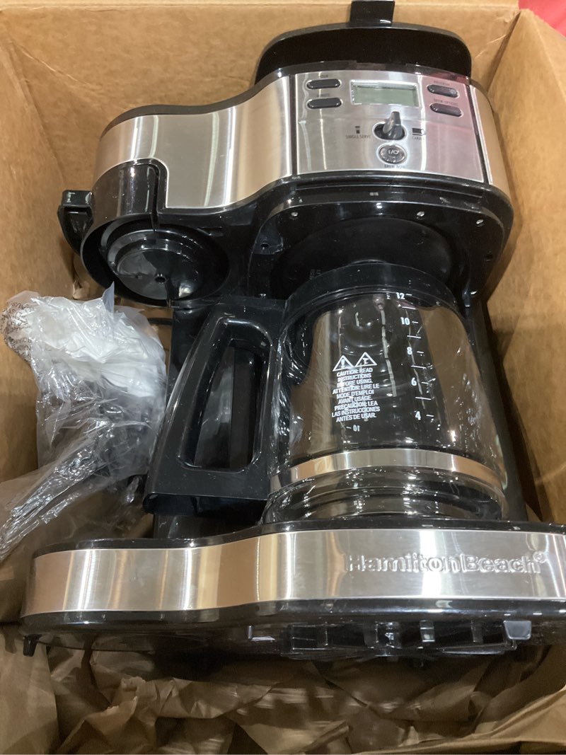 Condition photo showing As Is for Hamilton Beach 2-Way Programmable Coffee Maker, 12 Cup Glass Carafe And Single Serve Coffee Maker, Black with Stainless Steel Accents, 49980RG 12 Cup Black