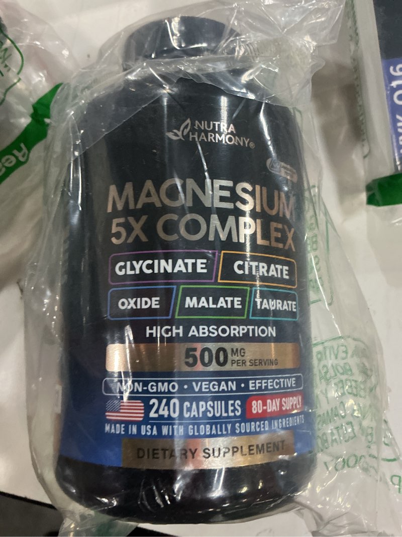 Condition photo showing New/Like New for magnesium supplement - 5 in 1 complex 500 mg | glycinate | citrate | malate | taurate | oxide - made in usa - stress, muscle & heart support - vegan, natural, non-gmo - 240 capsules 240 count (pack of 1)
