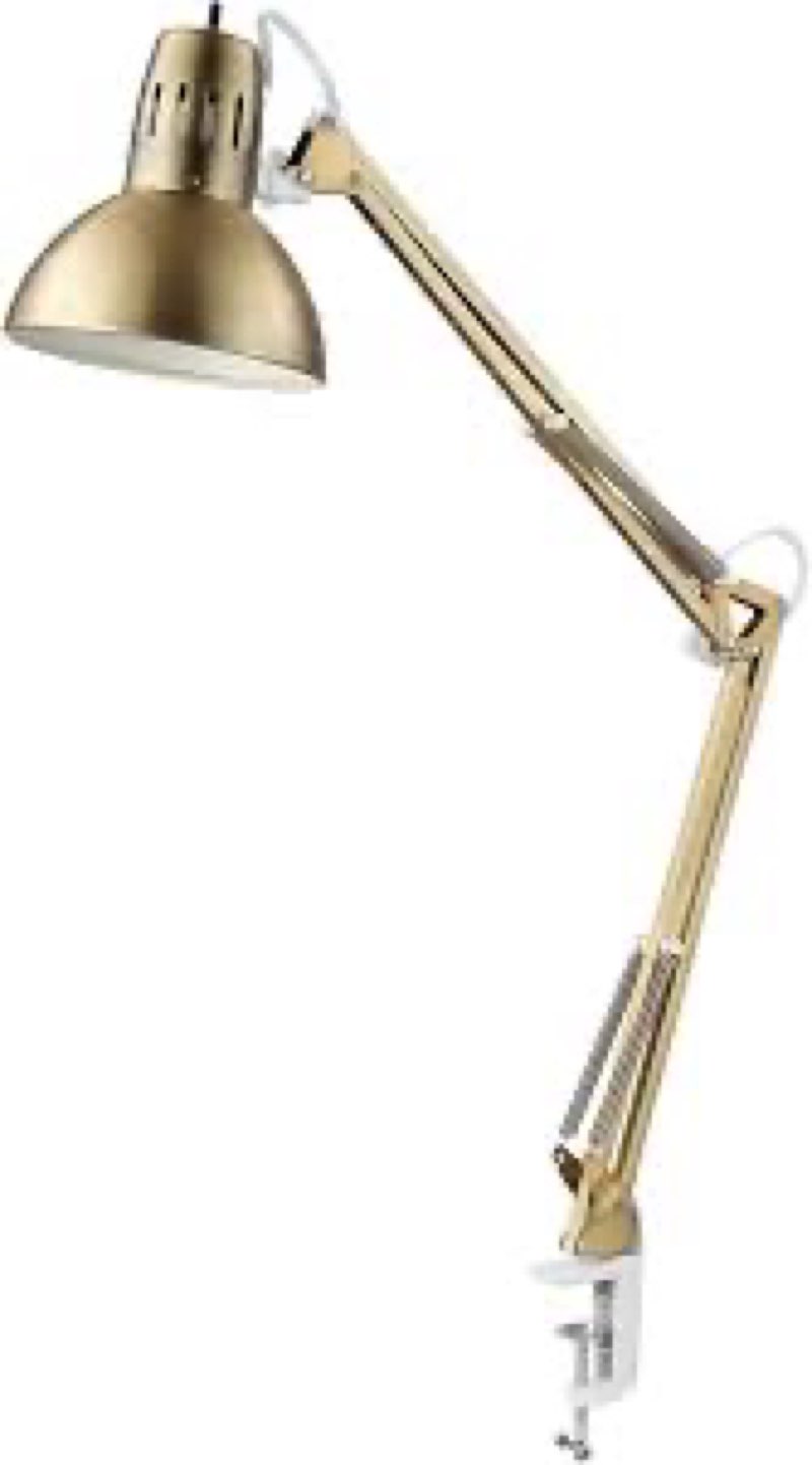 globe electric 62000010 32" multi-joint desk lamp with metal clamp, matte brass, white accents, on/o