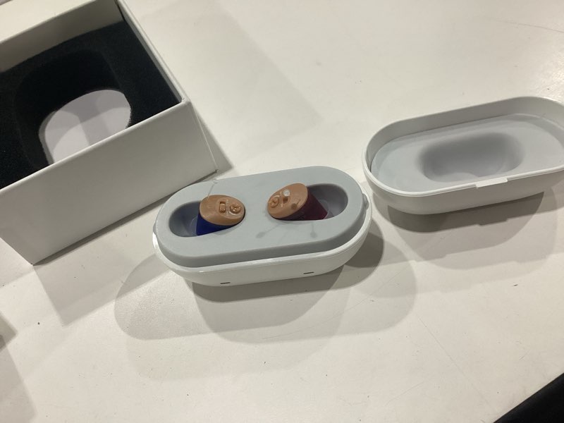 Condition photo showing New/Like New for true hearing aids for seniors not amplifier- noise cancelling, rechargeable & invisible with magnetic charging box
