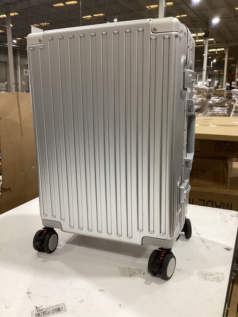 Condition photo showing As Is for hotway 26 inch aluminum frame luggage with spinner wheels, pc hard shell suitcase with cup holder, cover included, zipperless luggage for business travel, white