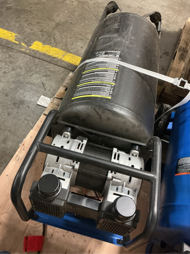 Condition photo showing As Is for kobalt quiet tech 26-gallon portable electric 150 psi vertical air compressor