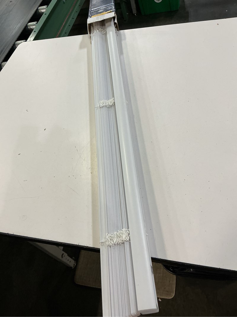 Condition photo showing As Is for (missing parts) project source room darkening 1-in slat width 39-in x 64-in cordless white vinyl room darkening mini-blinds