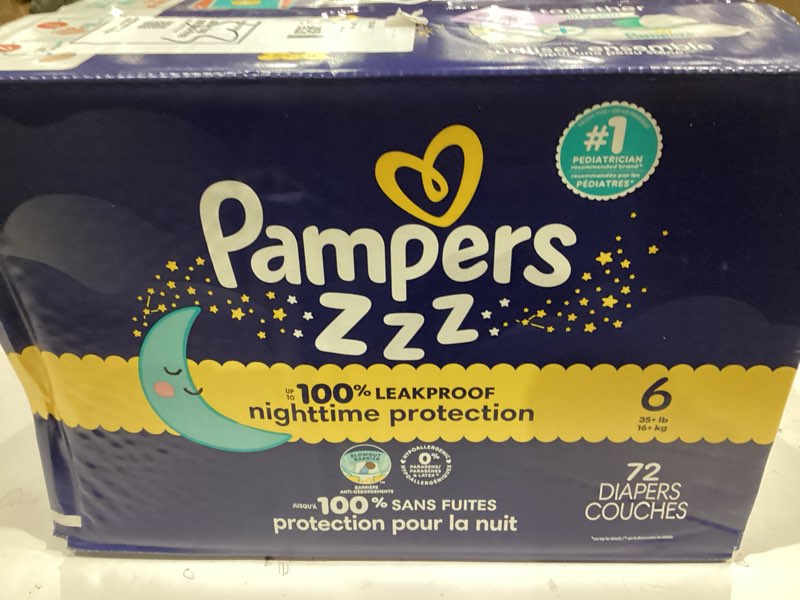 Condition photo showing New/Like New for Pampers ZZZ Overnight Diapers, Size 6 (35+ lbs), 72 Count, Nighttime Protection Disposable Baby Diaper, Night Time Leak and Skin Protection Size 6 72