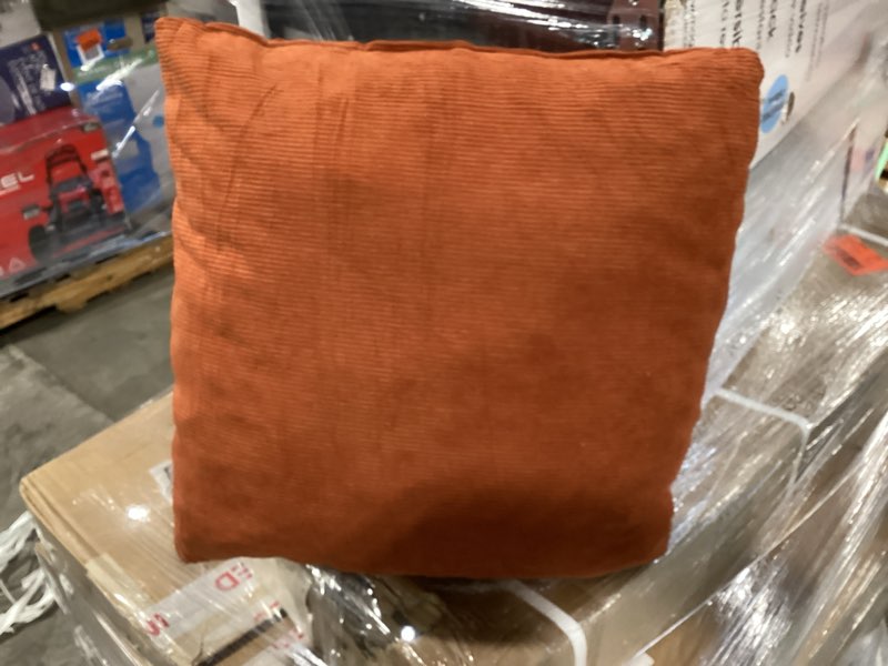 Condition photo showing As Is for corduroy decorative fall throw pillow for sofa living room, soft burnt orange neutral boho couch pillow for home decor, rust