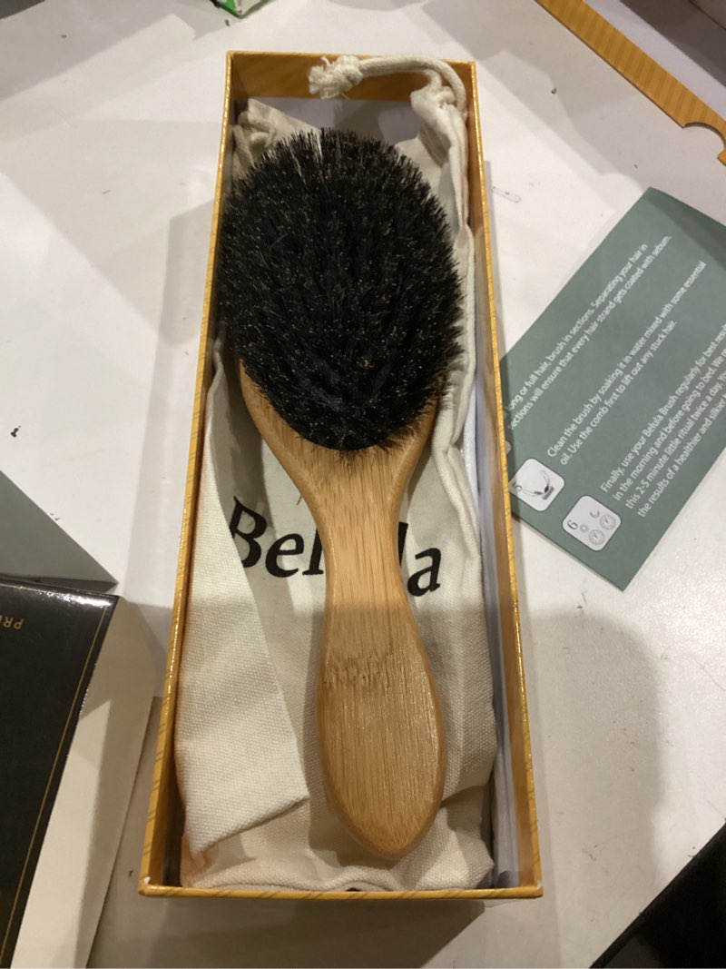 Condition photo showing As Is for Belula 100% Boar Bristle Hair Brush Set (Medium). Soft Natural Bristles for Thin and Fine Hair. Restore Shine And Texture. Wooden Comb, Travel Bag and Spa Headband Included! Medium (4 PIECE SET)