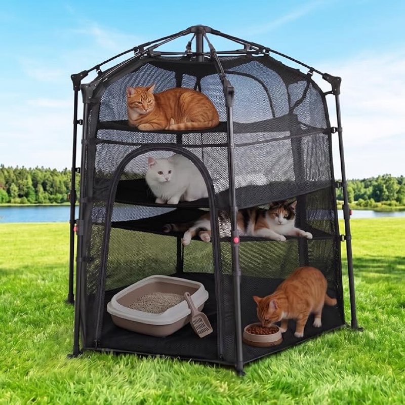 catio outdoor cat enclosure pop up cat tower tent cat playpen w/breathable mesh portable catio kitten pet animal play pen indoor enclosed kitty patio balcony camping(hexago small))