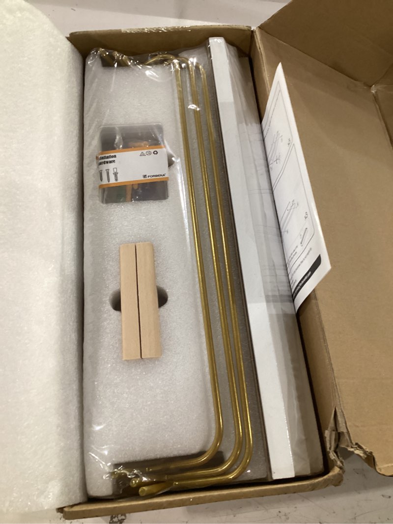 Condition photo showing Good Condition for forbena gold floating shelves for wall decor set of 3, bathroom shelves over toilet, modern display wall shelf with guard rail for living room bedroom organizers and storage - white and gold 17 inch white and gold