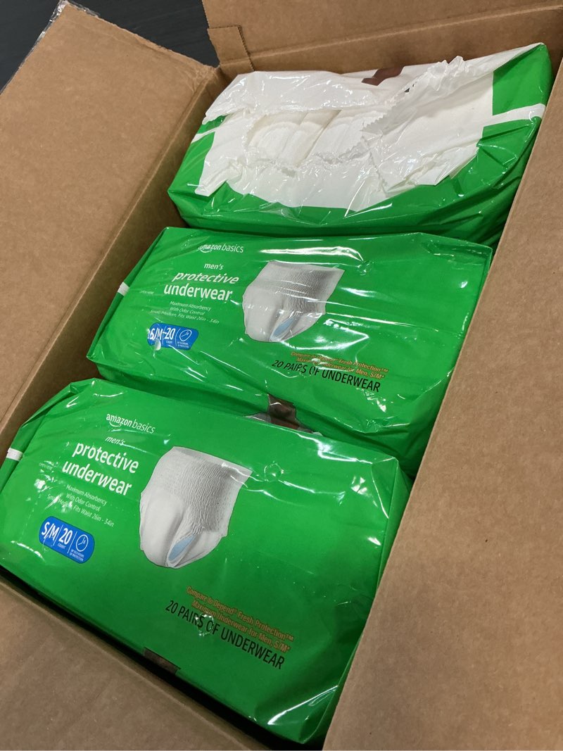 Condition photo showing Good Condition for amazon basics maximum absorbency incontinence underwear for men with leak protection and odor control, disposable, small/medium, 60 count (3 packs of 20) small/medium 60.0