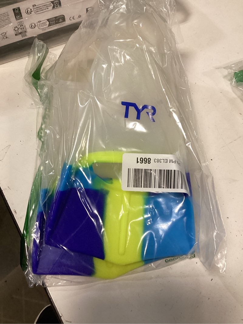 Condition photo showing Good Condition for TYR Stryker Silicone Swim Fins - Adult Swimming Gear for Training and Racing Blue/Yellow/Clear Medium