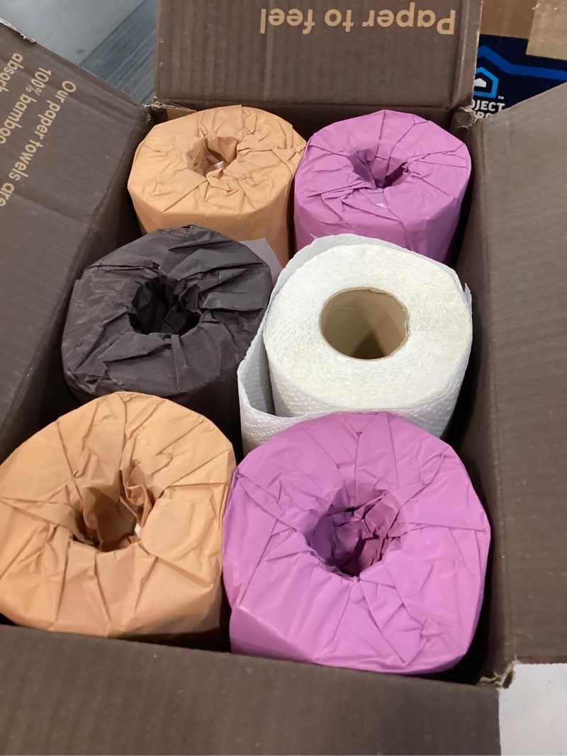 Condition photo showing As Is for Amazon Aware 100% Bamboo Paper Towels, 6 Rolls, 2 ply, FSC Certified, 150 Sheets, 900 Count, Plastic-Free, Multicolor 150 sheet (Pack of 6)