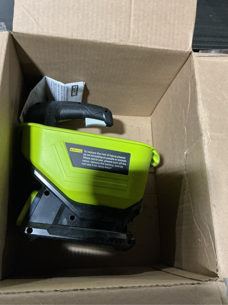 Condition photo showing As Is for Salt Spreader for Ryobi 18V Battery, Handheld Power Spreader for Seeds, Fertilizer, Year-Round Coverage for Grass Seeds, Rock Salt, and ice melt Seasons. (Tool only)