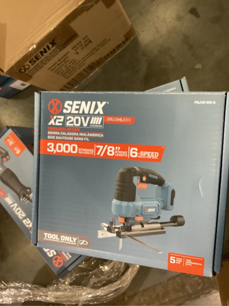 Condition photo showing New/Like New for senix 20v max cordless jigsaw with brushless motor, 3,000 strokes per minute, 7/8" stroke length, 6-speed selector dial, & led work light, tool only (psjx2-m3-0)