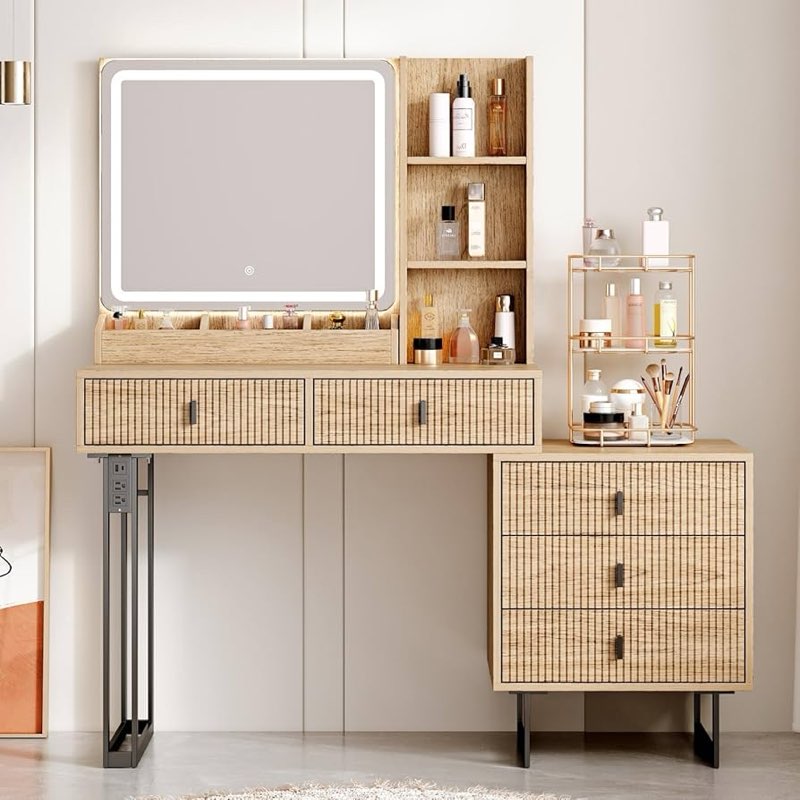 Leejdn large vanity desk with 3 color touch screen dimming mirror 