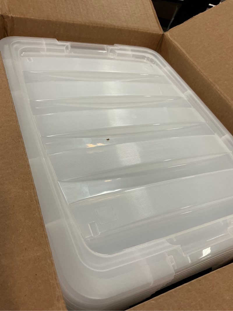 Condition photo showing As Is for iris usa 32 qt plastic storage box with lid and latches - 6 pack - bpa-free, see-through organizing solution, durable nestable stackable containers, secure pull handle - clear clear 32 qt 6 pack
