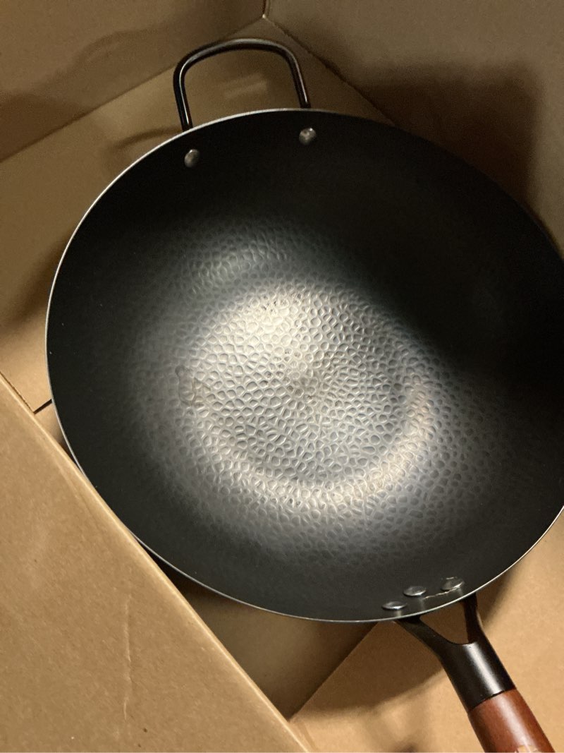 Condition photo showing As Is for Wrought Iron Flat Bottom Wok with Glass Lid – Detachable Wooden Handle, Non-Coated Naturally Nonstick Frying Pan for Gas, Electric & Induction Stoves (Black Wok with Helper Handle, 13.4 inch)