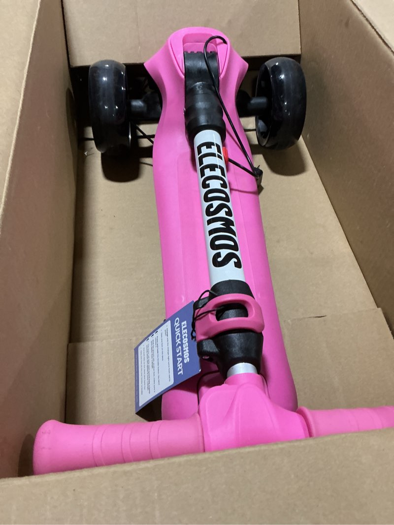 Condition photo showing As Is for elecosmos safe electric scooter for kids 4+, balance for beginner, thumb throttle, flash deck, extra wide light up big wheels, adjustable heights, 5 mph safe speed pink
