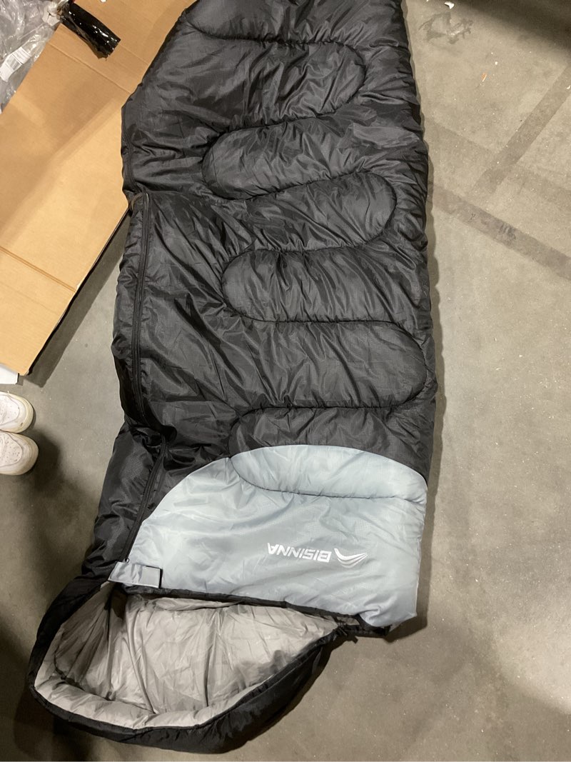 Condition photo showing Good Condition for bisinna sleeping bag with pillow - 4 season backpacking sleeping bag lightweight waterproof warm and washable for adults, kids, women, men's outdoors camping, hiking, mountaineering gray 86.6\" x 31.5\" left zipper (black/blue)