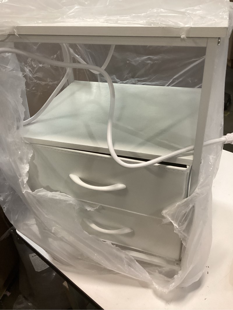 Condition photo showing Good Condition for Huuger Nightstand with Charging Station, Side Table with 2 Fabric Drawers, End Table with Open Shelf, Bedside Table with USB-C Port and Outlets, Night Stand, PU Leather, White 11.8"D x 15.7"W x 23.6"H (2 Drawers) White 1
