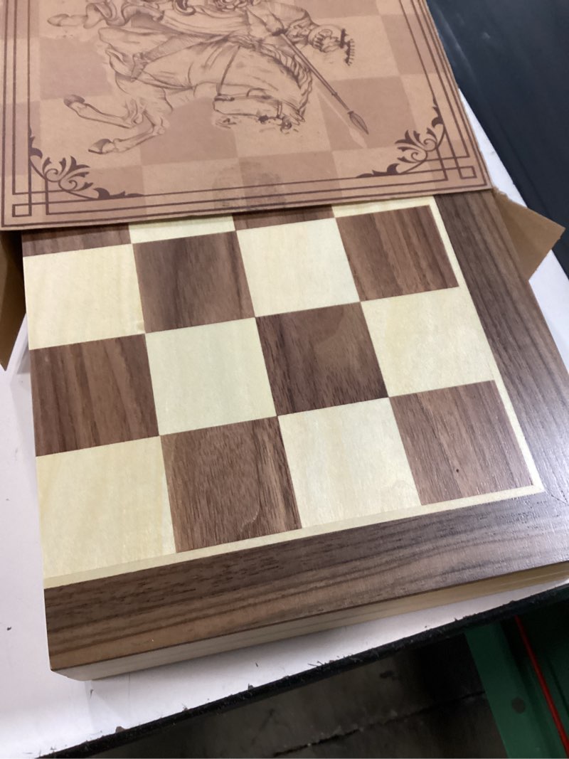 Condition photo showing Good Condition for amerous 15 inches magnetic wooden chess set - 2 extra queens - folding board - pieces storage slots, handmade portable travel chess game - beginner chess set for kids, 6 up age
