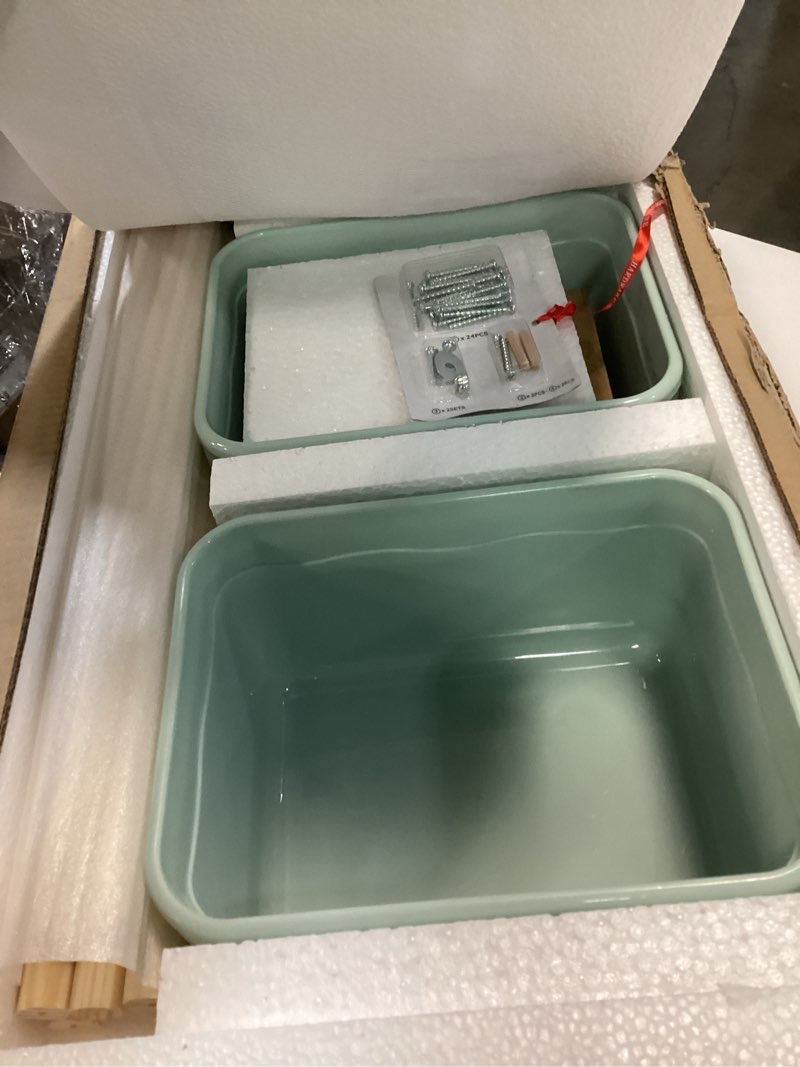 Condition photo showing Good Condition for Teamson Kids - Wooden Market Stand Grocery Store Playset,Farmers Market Grocery Store, Little Helper Grocery Store Pertend Play Stand with Pretend Cash Register and 6 Plastic Storage Bins - Green