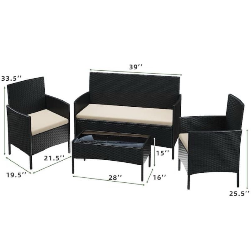 4-Pieces Black Wicker Patio Furniture Sets Patio Conversation Sets