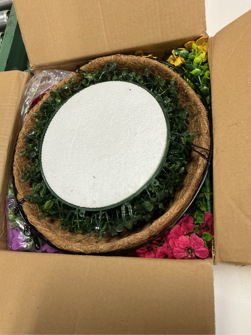 Condition photo showing Good Condition for artificial faux hanging plants flowers basket for summer autumn, colorful daisy flowers eucalyptus uv resistant look real for outdoor outside porch decoration mixed color