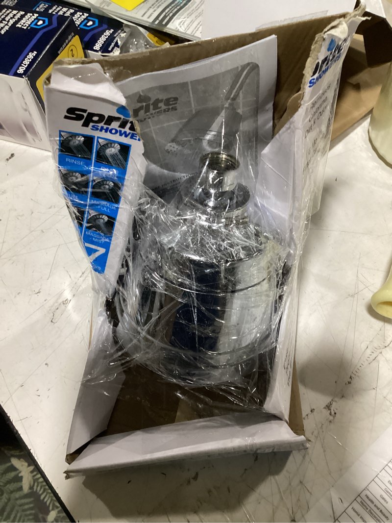 Condition photo showing As Is for sprite shower pure 7.0 -spray chrome 5-in round filtered shower head 2.5 gpm 2 -pack