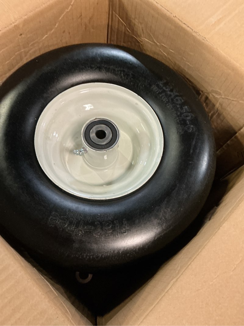 Condition photo showing As Is for 13x6.50-6 flat free lawn mower tires and wheels 3/4" 5/8" 1/2" ball bearings, 13x6.5x6 zero turn mower front tires, smooth tires for commercial grade lawn 5.5"-7.5" adjustable centered hub 13x6.50-6 - 2p ( flat free ) white