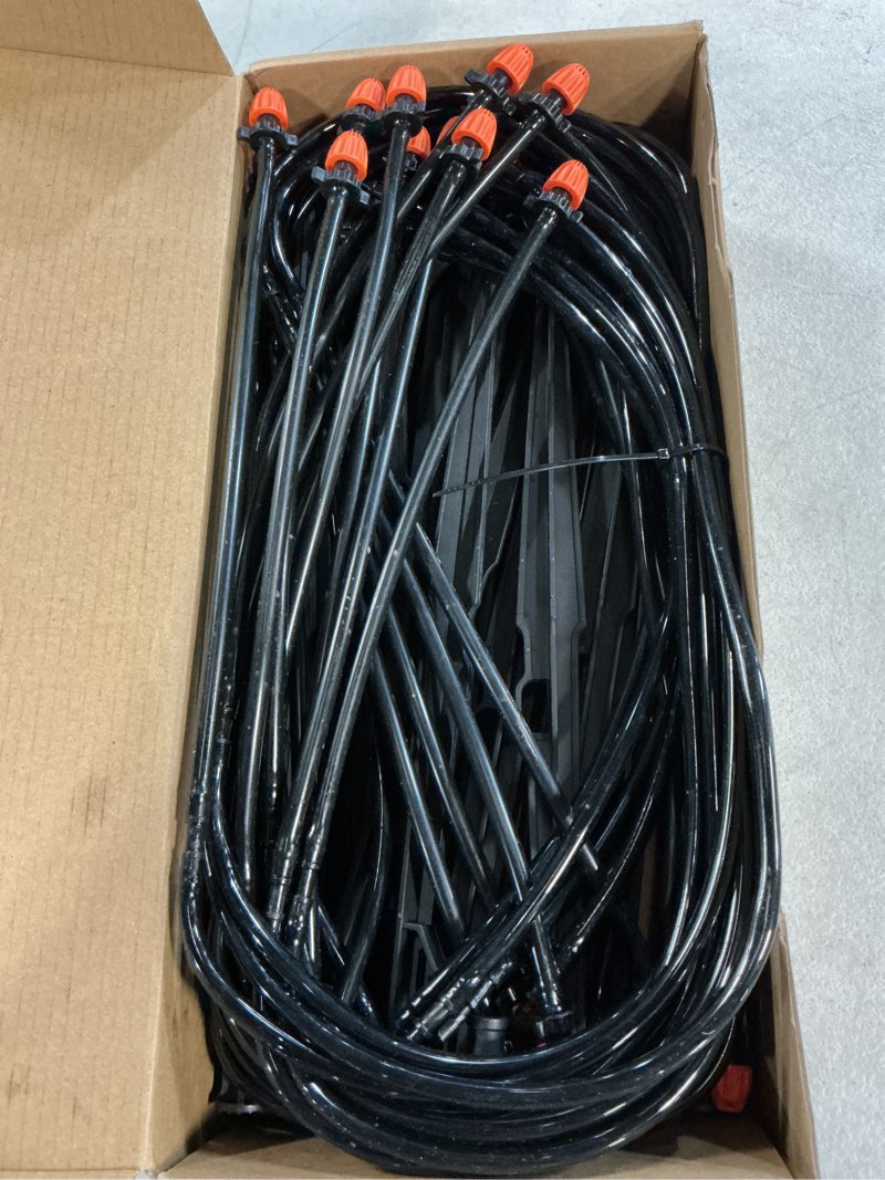 Condition photo showing As Is for 20 sets 90/180/360 degree irrigation sprinkler heads with stake, drip micro spray emitters with 1/4" irrigation tubing on riser stake,micro spray sprinkler stake assembly for garden watering system 20 set 90/180/360 degree heads