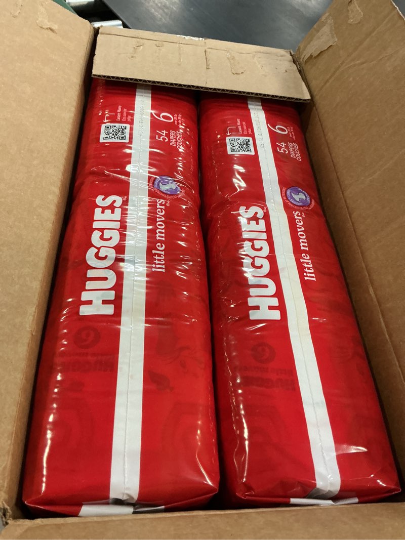 Condition photo showing New/Like New for huggies size 6 diapers, little movers baby diapers, size 6 (35+ lbs), 108 count (2 packs of 54), packaging may vary