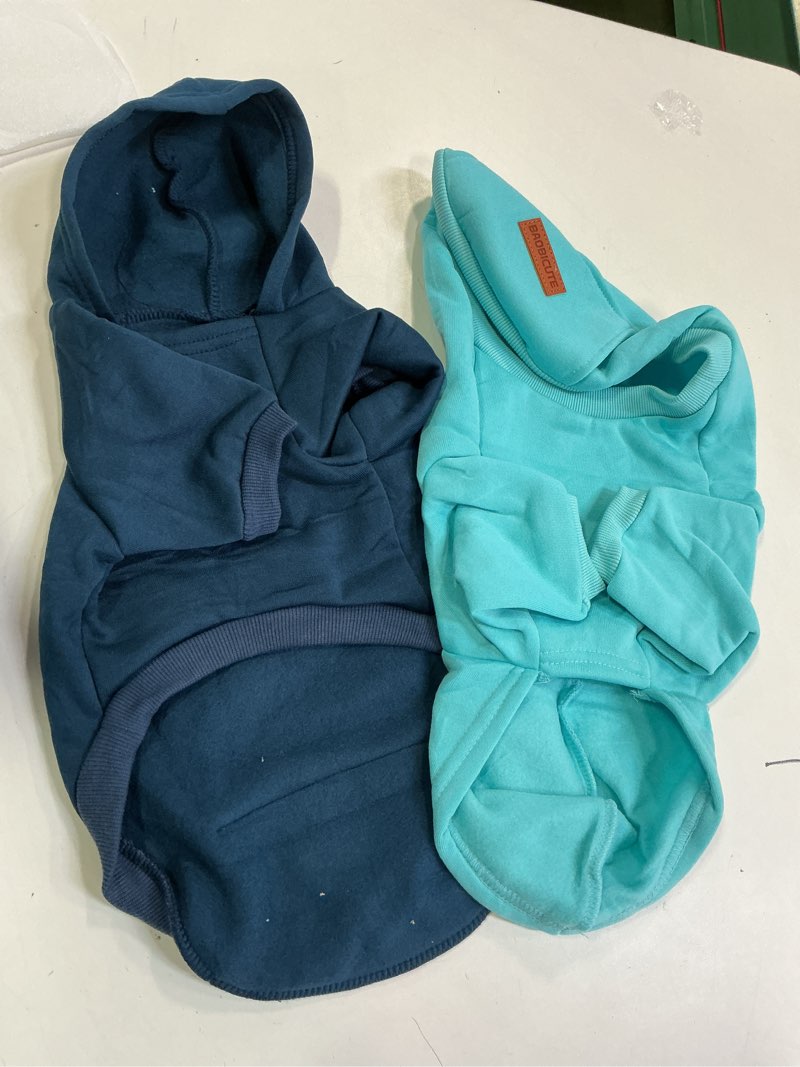Condition photo showing New/Like New for 2 Pack Dog Hoodie Warm Hood Dog Sweater Cold Weather Small Dogs Sweatshirt Comfort Pet Clothes for Small Medium Dogs with Pockets Cats Chihuahua Clothes for Male Female Girl Boy Sporty Daily Wear Navy+Blue L (Back: 14.9",Chest: 20")