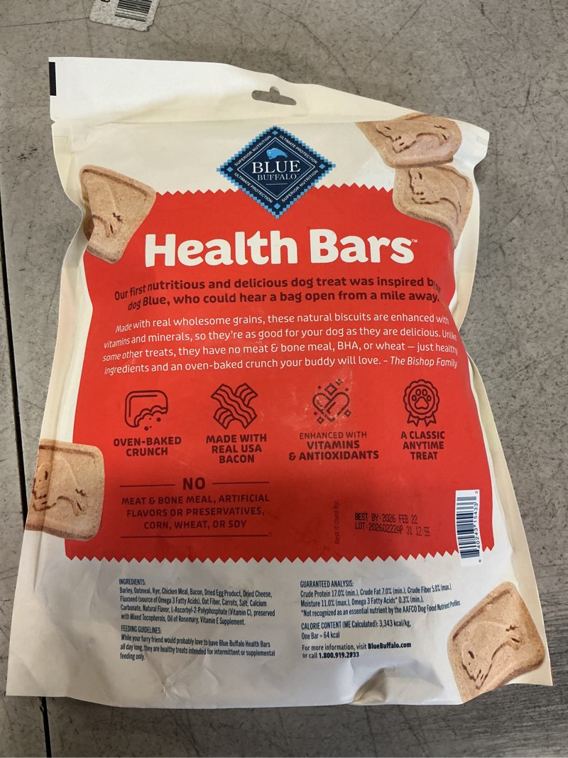 Condition photo showing New/Like New for (Best by 2026/FEB/22) Blue Buffalo Health Bars Crunchy Dog Biscuits, Oven-Baked with Natural Ingredients, Bacon, Egg & Cheese, 32-oz Bag MINI- Bacon, Egg & Cheese 2 Pound (Pack of 1)