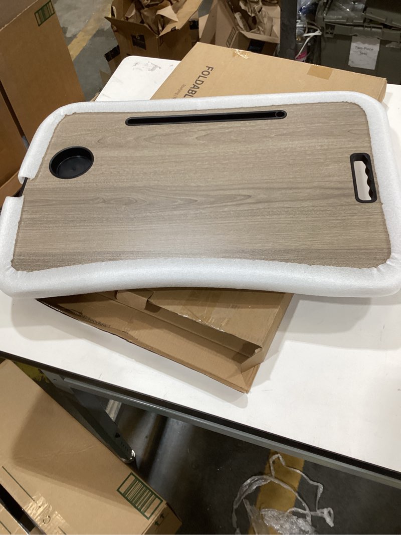 Condition photo showing New/Like New for Foldable Lap Desk, Laptop Bed Desk, Portable Lap Table, Laptop Bed Table with Cup Holder & Tablet Slot & Lifting Handle for Working Writing Drawing & Eating - Gray Wood
