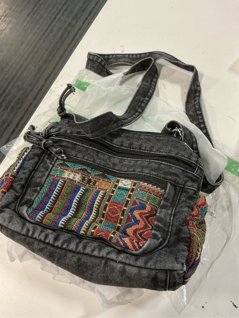 Condition photo showing Good Condition for black denim purse crossbody bags, boho hobo crossbody bags for women, casual hippie travel purse with lots of pockets
