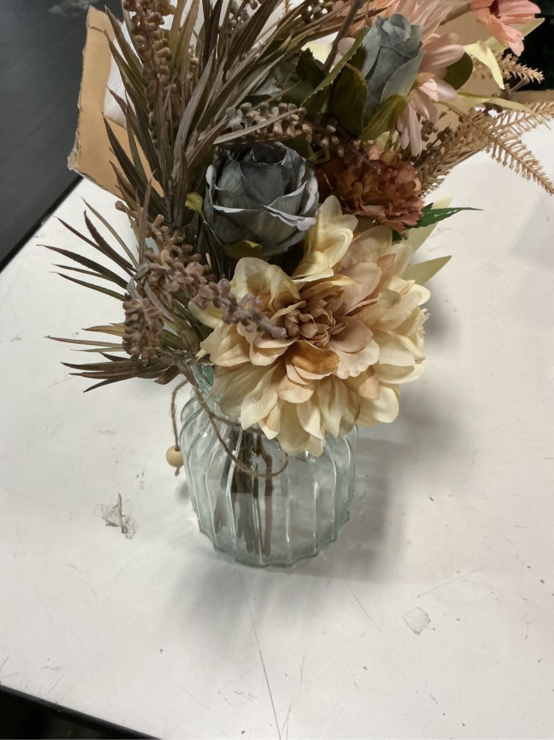 Condition photo showing Good Condition for lesing dahlia flower aritificial flower with vase fake silk flowers in glass vase faux rose flowers arrangement for home office table centerpiece decoration (coffee)