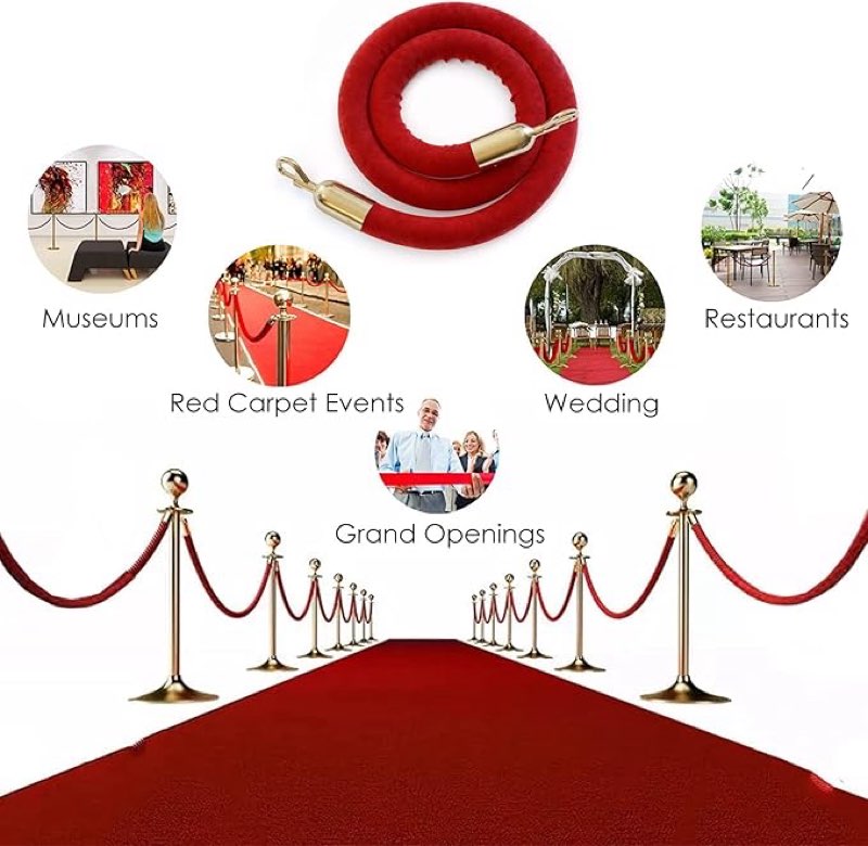 Stanchion Rope Crowd Control Barriers Safety Rope Red Velvet Rope with Gold Hooks, Crowd Control Stanchion Post Queue Line Barrier, Big Birthday Party/Picnic