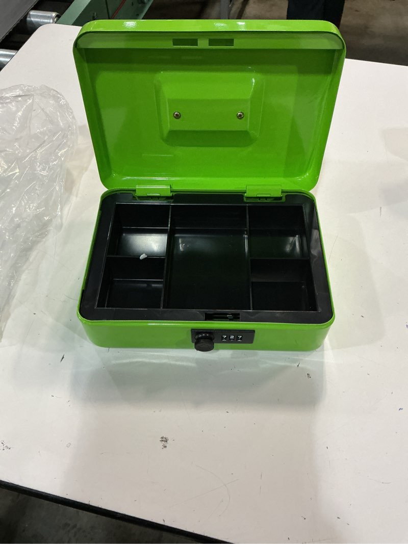Condition photo showing Good Condition for Cash Box with Lock Key and Money Tray - Large Money Box for Cash Register, Metal Lock Box for Money Safe 11.8" x 9.4" x 3.54" Green Green with Key Lock